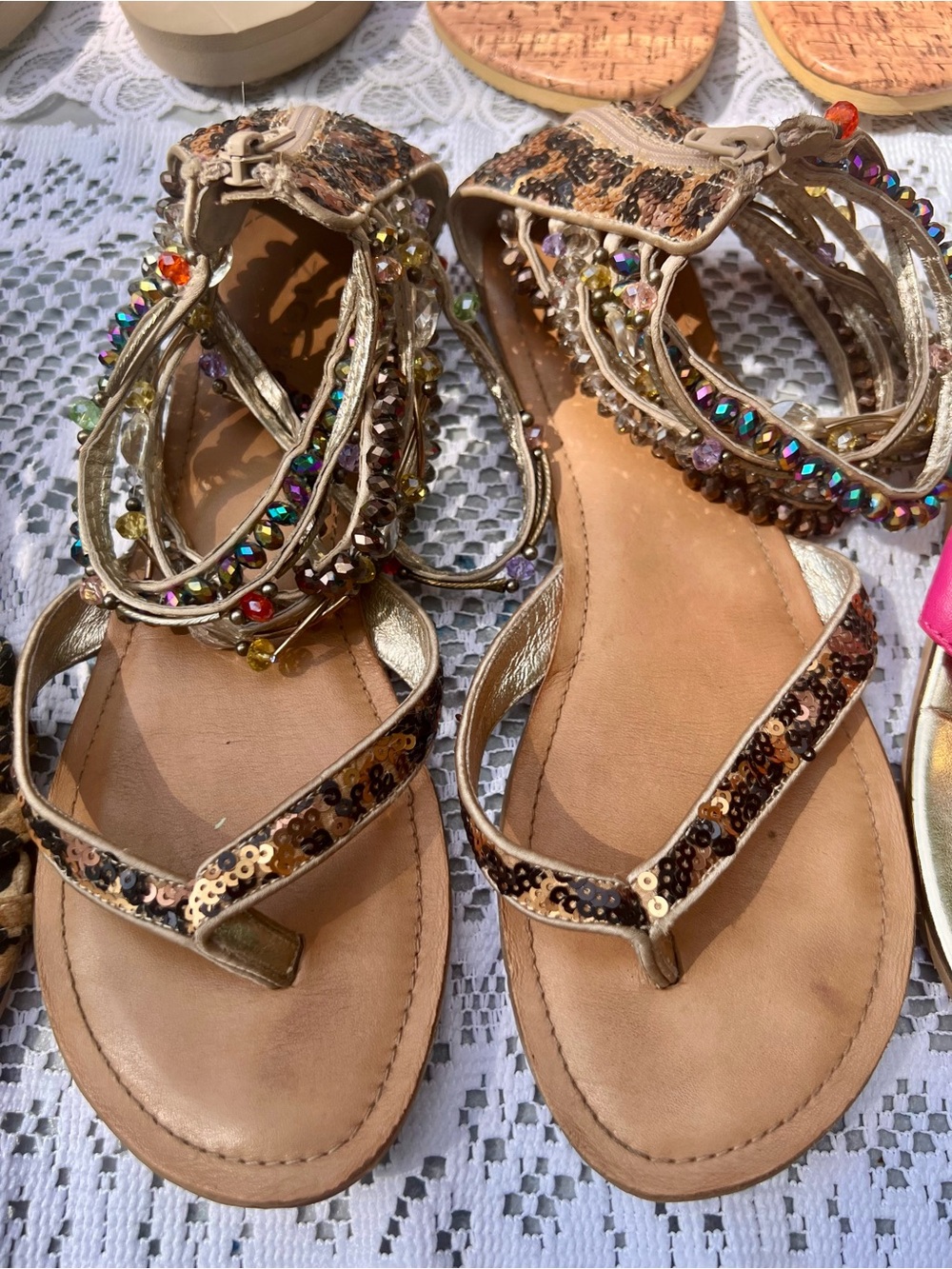 Gold Sequin Beaded Gladiator Sandals - Women